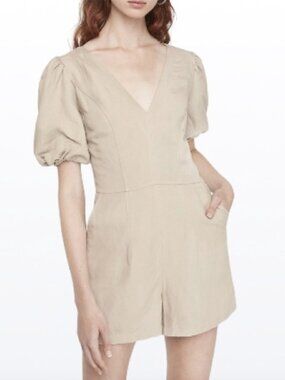 Express Linen-Blend Puff Sleeve Romper Large Tan V-Neck Lined Pocket Neutral